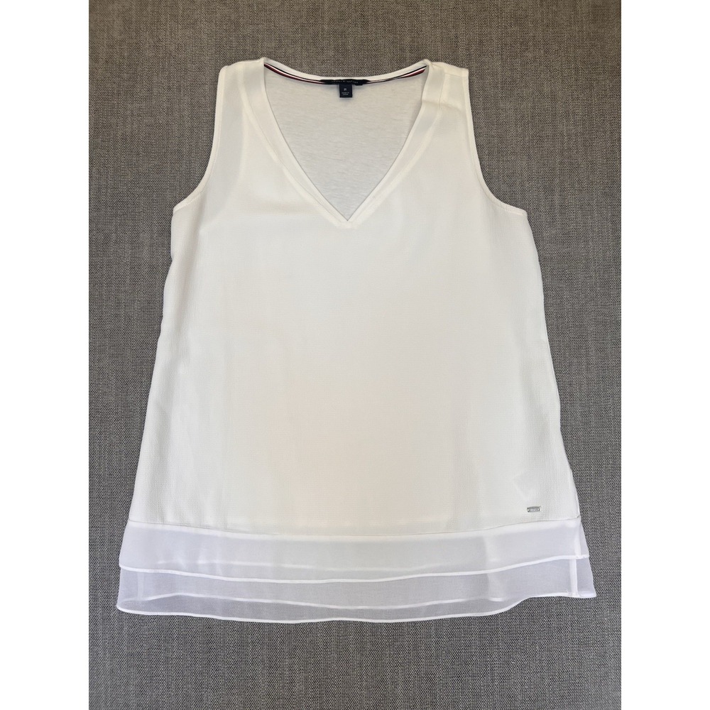 Tommy Hilfiger Women's White Sleeveless V-Neck Chiffon Hem Top M